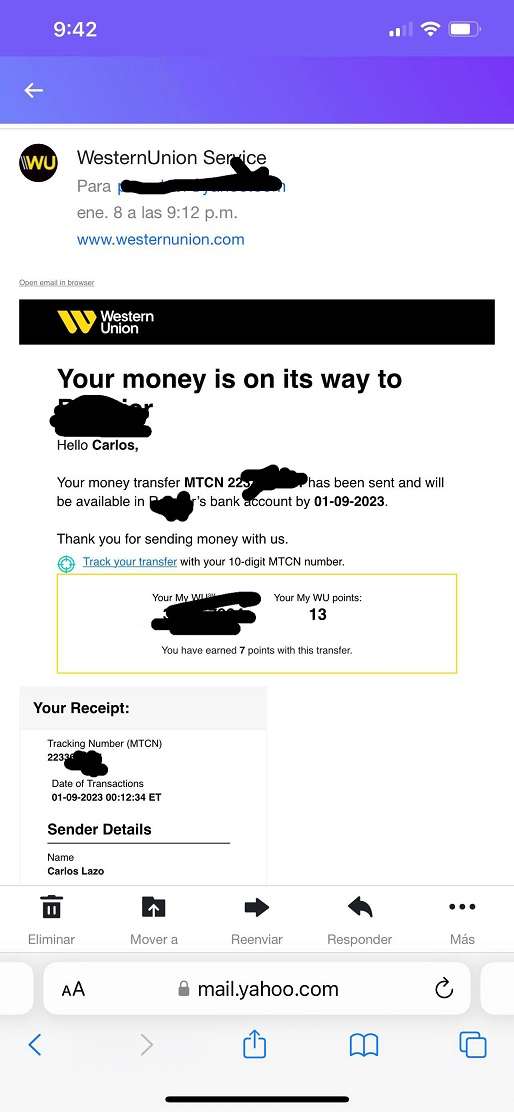 Notificación digital de la Western Union (WU) sobre un envío de dinero a Cuba luego de habilitarse días atrás un programa piloto de la compañía para la isla.