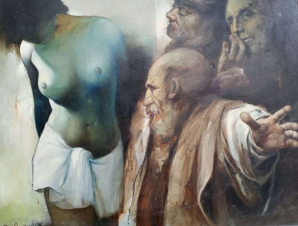 Daniel Torres Font. “Los críticos”, 1985. Óleo sobre masonite, 100 x 110 cm.