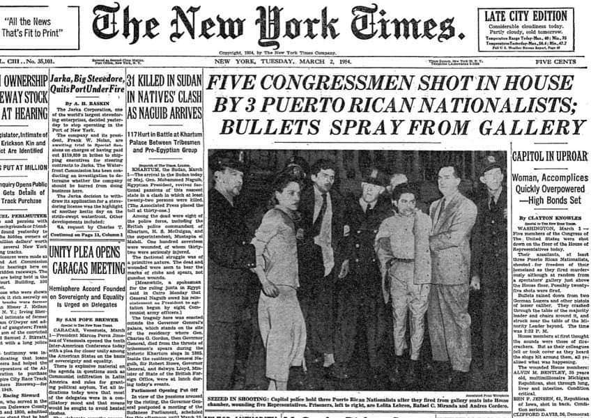 Portada de The New York Times del 2 de marzo de 1954, con la noticia principal de la detención de los independentistas puertorriqueños.