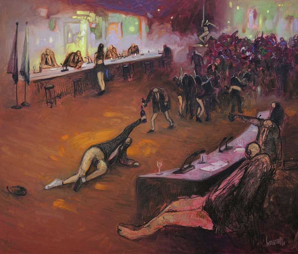 “El club de los delirios”, 2021. Óleo sobre lienzo, 100 x 120 cm.
