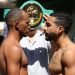 El boxeador cubano Lázaro Álvarez (izq) junto al venezolano Willmank Canónico (der), antes de la pelea en la que Álvarez derrotó a Canónico y conquistó la faja de los pesos ligeros de la Federación Centroamericana y del Caribe de Boxeo. Foto: Jit / Facebook.