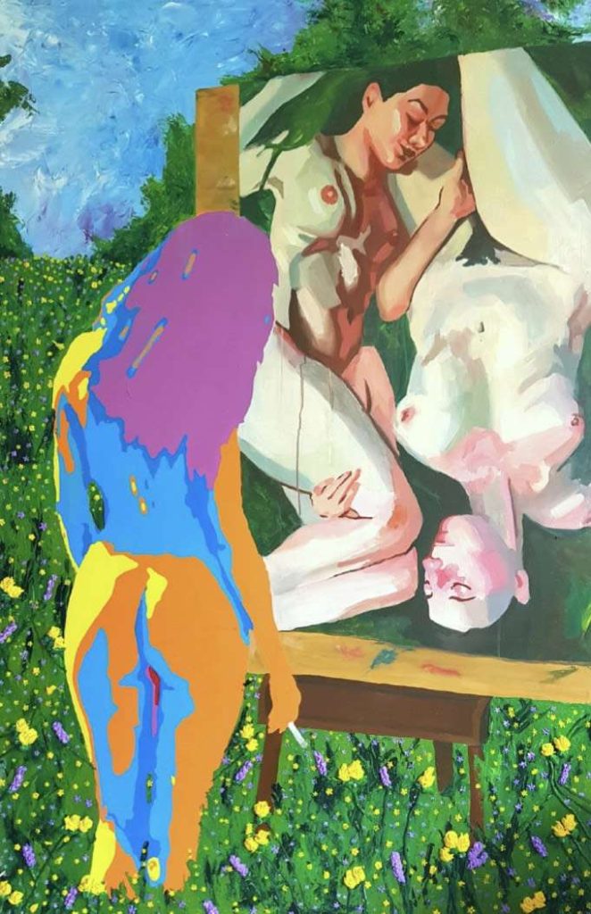 Realidades sobre la hierba, 2019. De la serie “Vivir y otras ficciones”, acrílico sobre lienzo, 180x120 cm.  