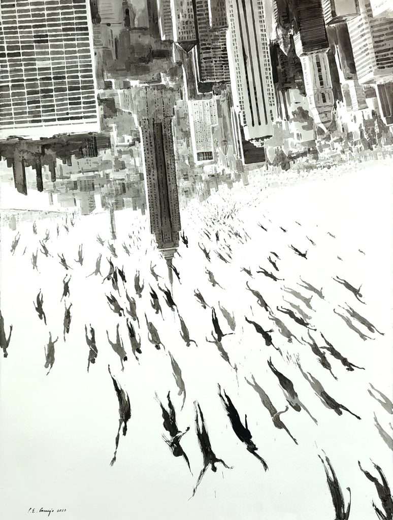 "Human drops", 2020. Tinta china sobre papel Arches, 76 x 56 cm.
