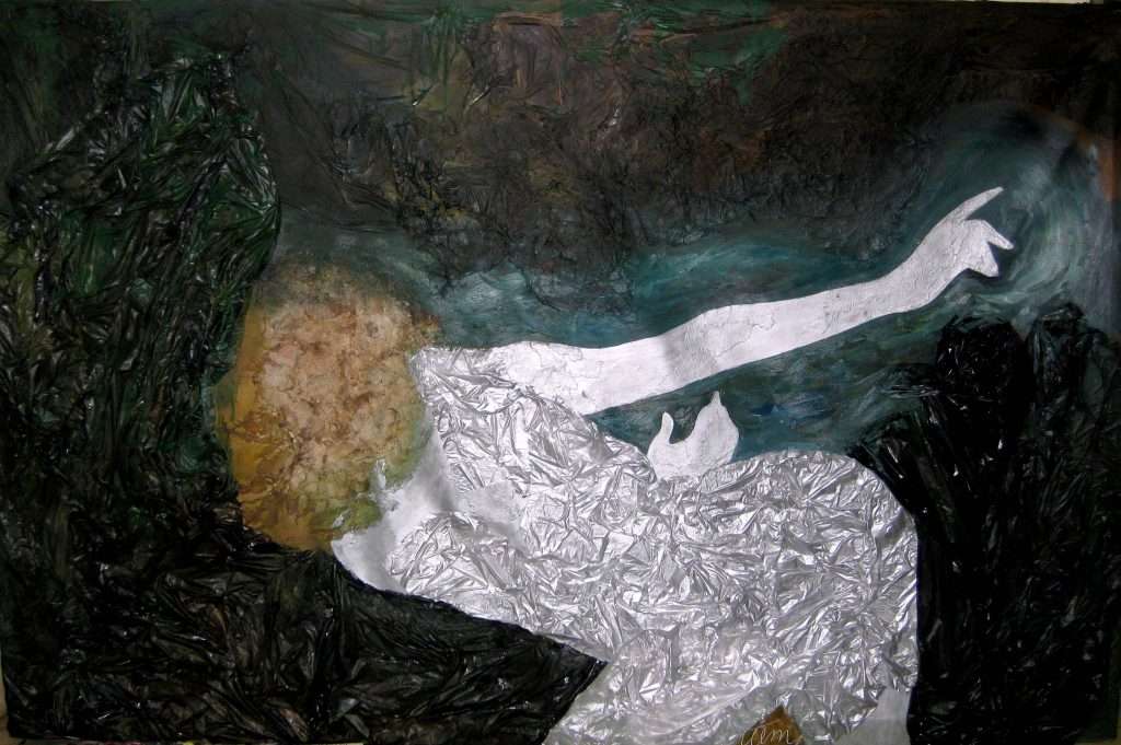 “Ejercicio cotidiano”, 2014. Nylon, polvo cerámico y óleo sobre lienzo, 200 x 130 cm. 