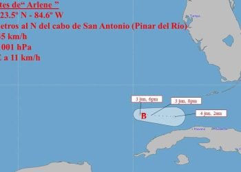 Cono de trayectoria de la depresión tropical Arlene. Imagen: Instituto de Meteorología de Cuba.