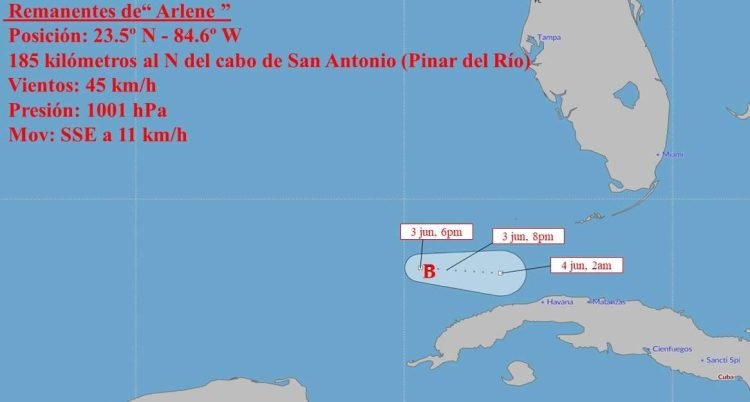 Cono de trayectoria de la depresión tropical Arlene. Imagen: Instituto de Meteorología de Cuba.