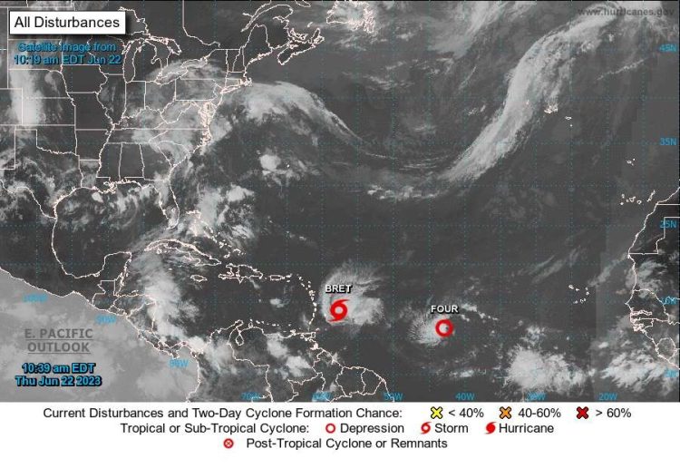 Tormenta tropical Bret y la depresión tropical Cuatro. Gráfico: Centro Nacional de Huracanes de Estados Unidos.