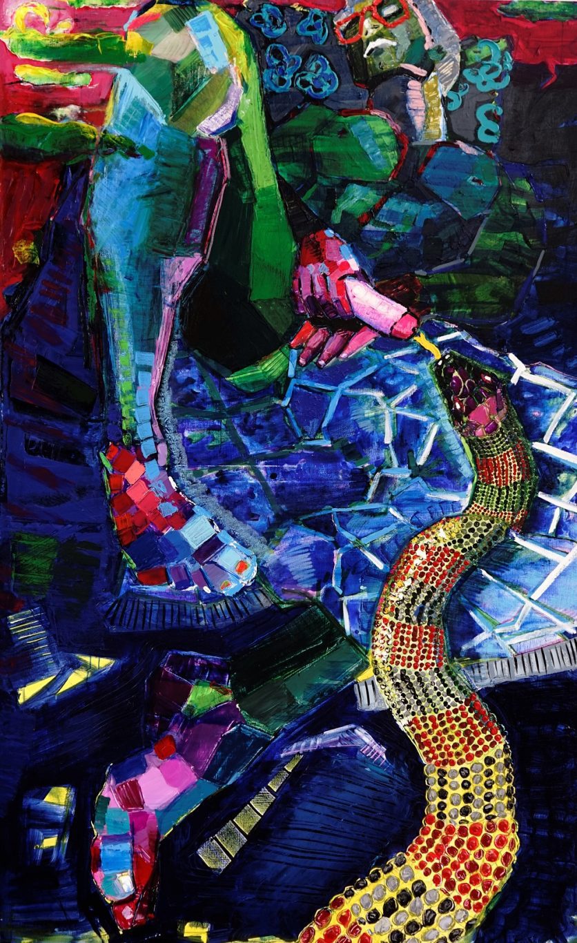 “La serpiente y yo”, 2020. Mixta/lienzo, 210 x 140 cm.
