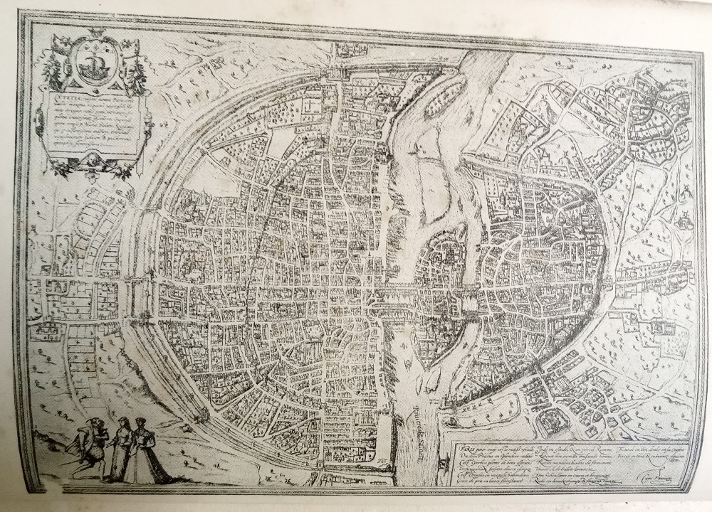 Mapa antiguo de Paris que aparece en la biografía de Villon escrita por D. B. Wyndham Lewis y perteneciente a la biblioteca de Eliseo Diego. Foto: Archivo familiar Diego-García Marruz.