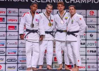 Polanco junto al resto de los medallistas en su división: Frascadore (Canadá), Hernández (Colombia), y el cuarto puesto, William Lima (Brasil). Foto: Confederación Panamericana de Judo.