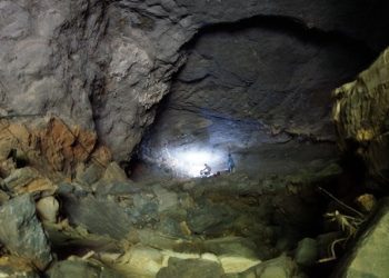 Interior de la caverna de Viñales donde apareció el esqueleto fósil de un gran reptil marino prehistórico. Foto: Red Cubana de la Ciencia / Facebook.