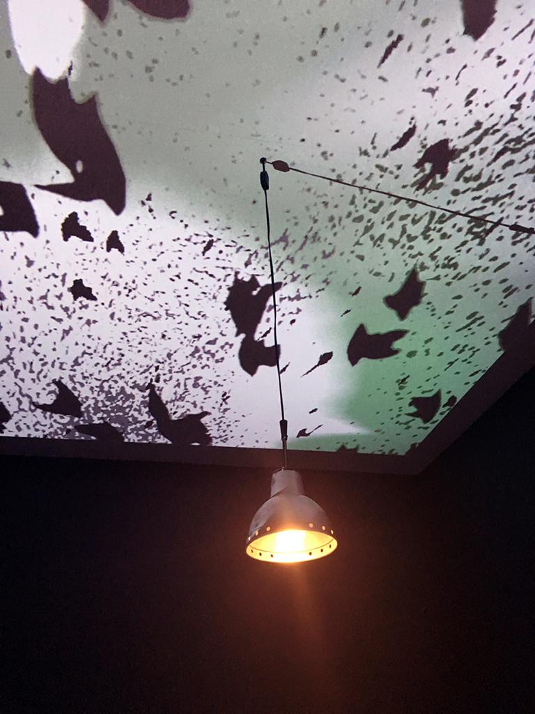 Detalle de la instalación “Emboscada – Habeas Paraíso”. Bienal de Curitiba, Brasil, 2017. Detalle del techo, proyección de video compuesto con imágenes de archivo y canales públicos. Foto: cortesía del artista.

