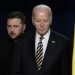 Joe Biden y Volodymyr Zelensky  durante una conferencia de prensa conjunta en Washington. Biden dijo que la "historia juzgará a quienes den la espalda" a Ucrania, en reproche a los republicanos. Foto: EFE/ Michael Reynolds.