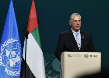 El presidente Miguel Díaz-Canel habla durante la Cumbre del Clima de las Naciones Unidas (COP28), en Dubái. Foto: PresidenciaCuba / X.