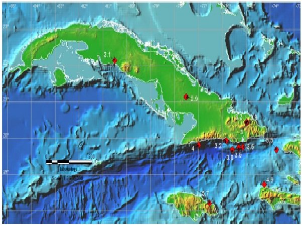 Epicentros de los sismos perceptibles en Cuba en 2023. Imagen: Cenais / Sierra Maestra.