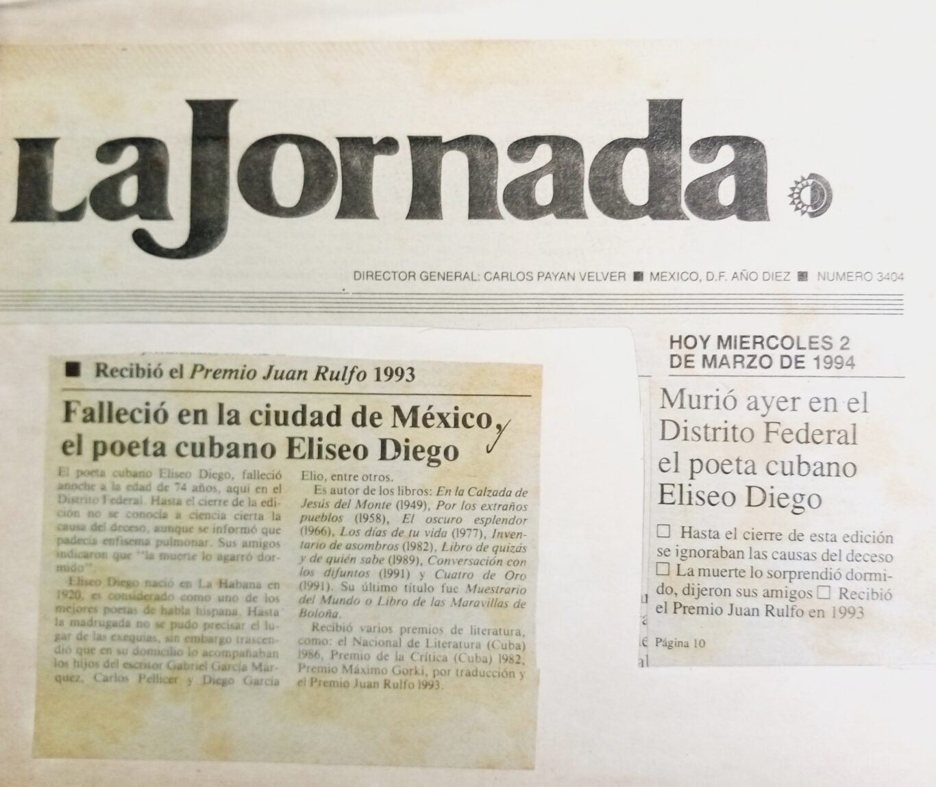 Obituario en La Jornada. Foto: Archivo familiar.