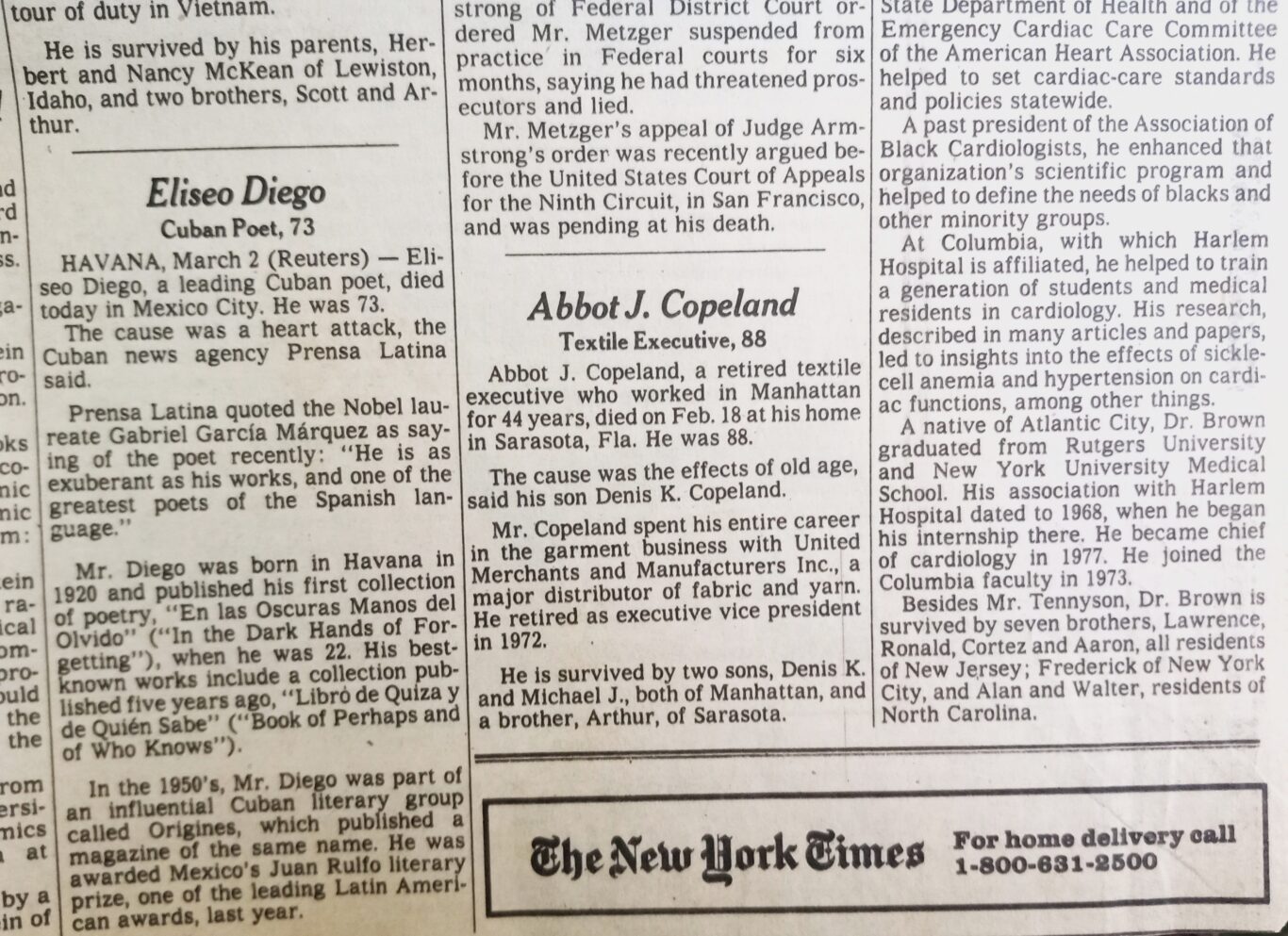 Obituario en The New York Times. Foto: Archivo familiar.