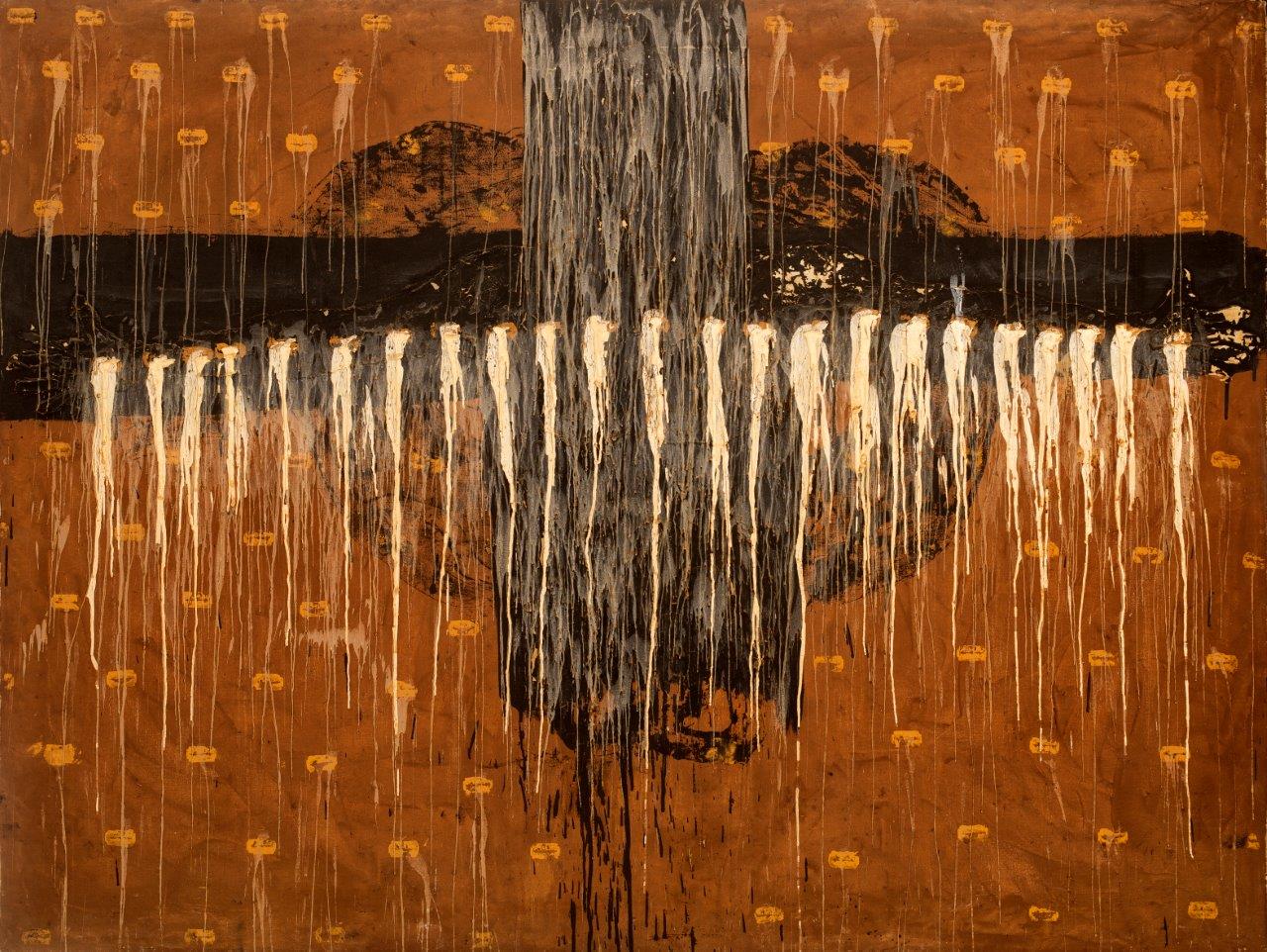 “Bajo la superficie”, 2008. De la serie “Mapas del cuerpo”. Óleo, objetos y parafina sobre lienzo, 140 x 200 cm.
