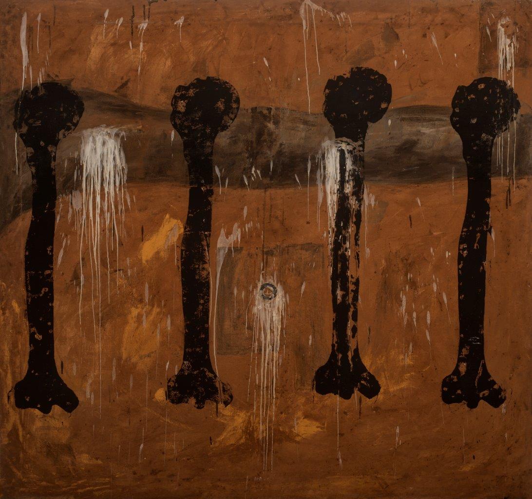 S/t, 2008. De la serie “Mapas del cuerpo”. Óleo, objetos y parafina sobre lienzo, 140 x 150 cm.
