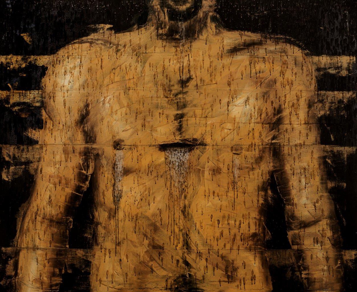 S/t., 2008. De la serie “Mapas del cuerpo”. Óleo, objetos y parafina sobre lienzo, 120 x 150 cm.
