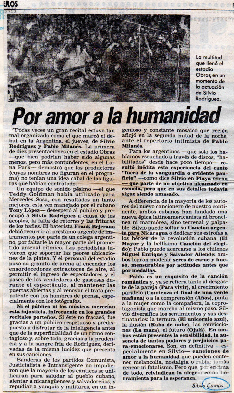 Review published by Sibila Camps in Clarín, on April 7, 1984.
