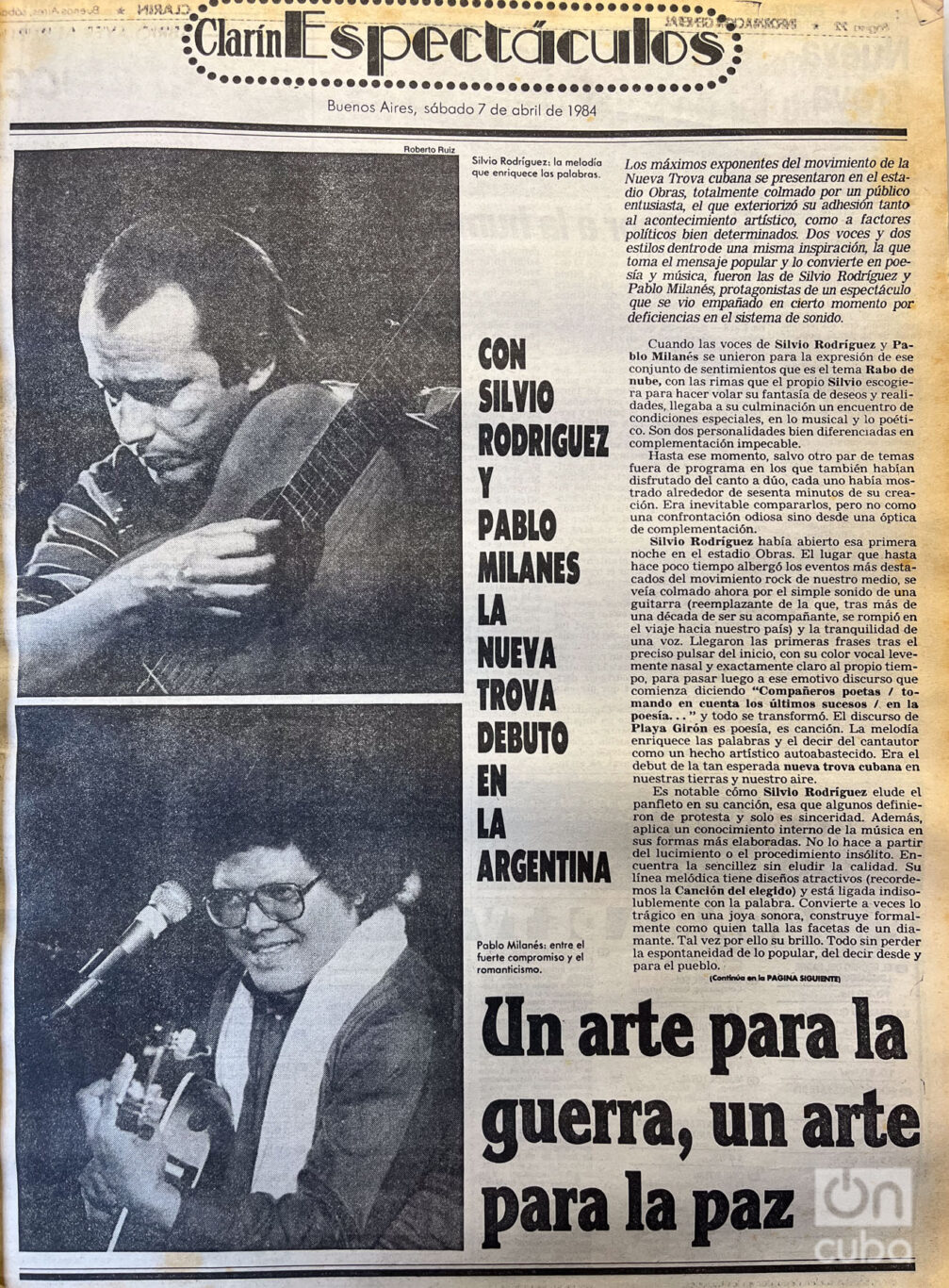 Full page dedicated to the presentations of Silvio and Pablo in the Entertainment section of the Clarín newspaper.