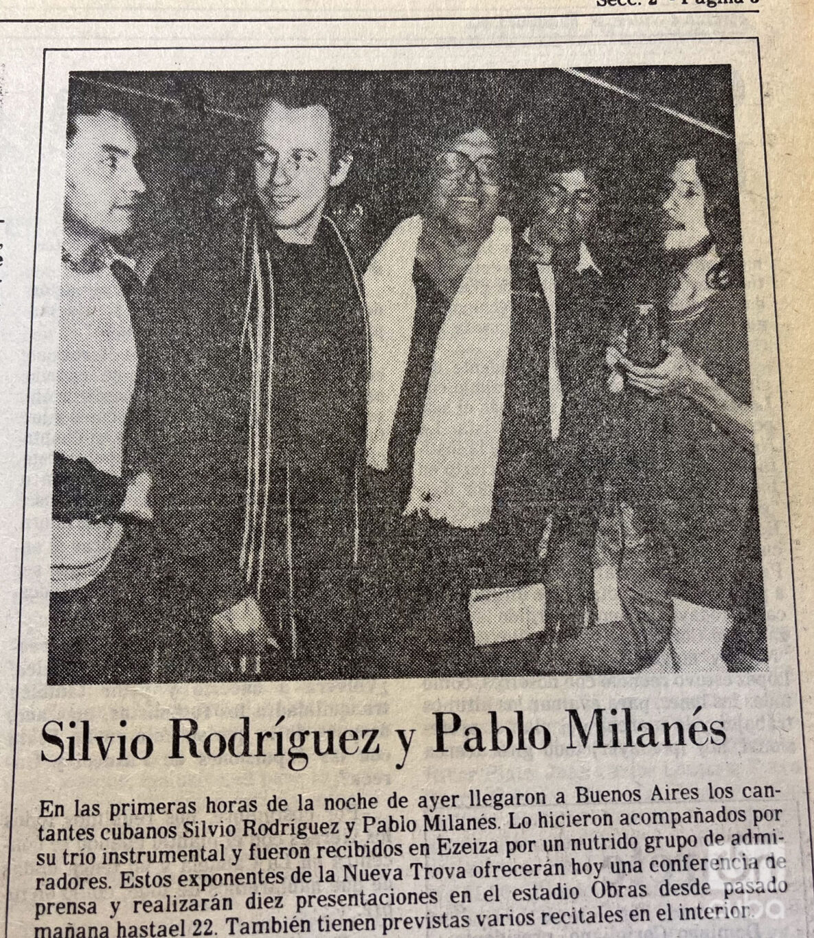 Announcement in the newspaper Cónica on the arrival of Silvio and Pablo to Argentina.
