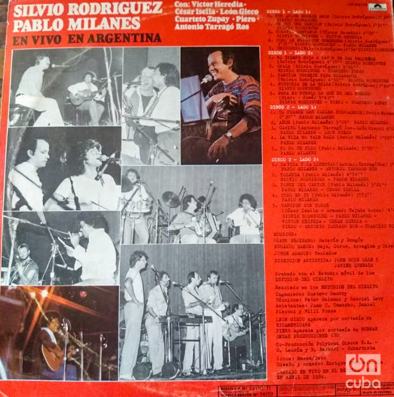 Back cover of the double LP titled Silvio Rodríguez – Pablo Milanés: En vivo en Argentina published in 1984.