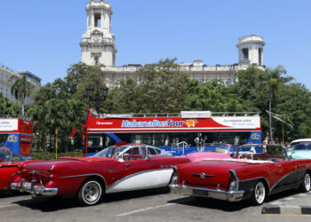 Varios autos clásicos junto a un ómnibus esperan la llegada de turistas para ofrecerles sus paseos por La Habana. Foto: Ernesto Mastrascusa / EFE.