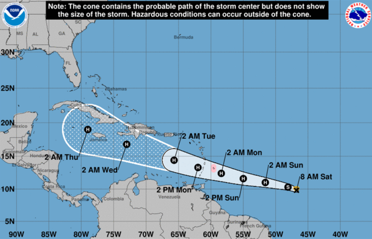 Cono de la posible trayectoria de la tormenta tropical Beryl. Gráfico: Centro Nacional de Huracanes de Estados Unidos.