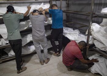 Familiares de palestinos asesinados dentro de la morgue del Hospital Nasser en Khan Yunis, luego de un bombardeo israelí dirigido a una escuela que albergaba a personas desplazadas. Foto:EFE.