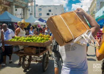 Un hombre carga una caja de pollo comprada en la calle Galiano, durante una feria este fin de semana. Foto: Otmaro Rodríguez.