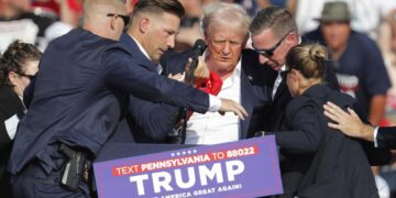 Agentes del Servicio Secreto de Estados Unidos junto al expresidente Donald Trump, luego del intento de asesinato en su contra durante un mitin en Pensilvania. Foto: David Maxwell / EFE.