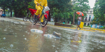 Un hombre se traslada en bicicleta en La Habana durante las lluvias de la tormenta Debby. Foto: Otmaro Rodríguez.