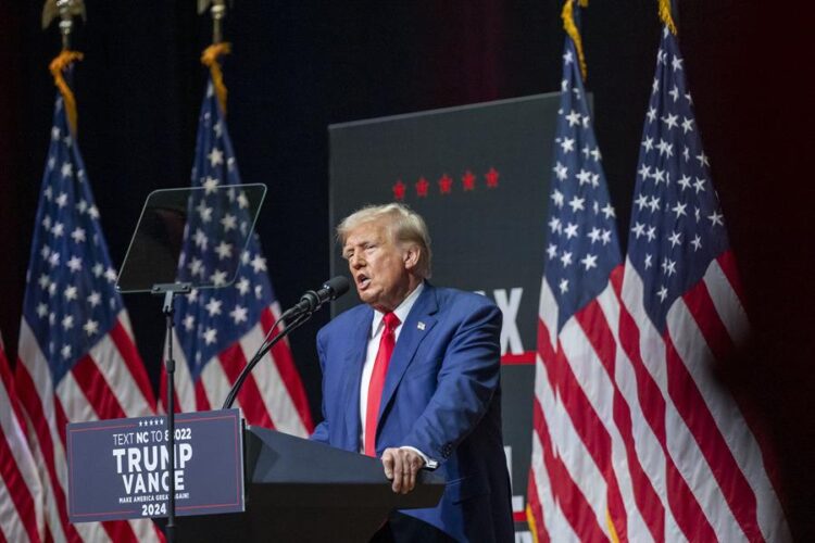 Donald Trump en un mitin en Asheville, Carolina del Norte, 14 de agosto de 2024. TFoto: EFE/EPA/SEAN MEYERS.