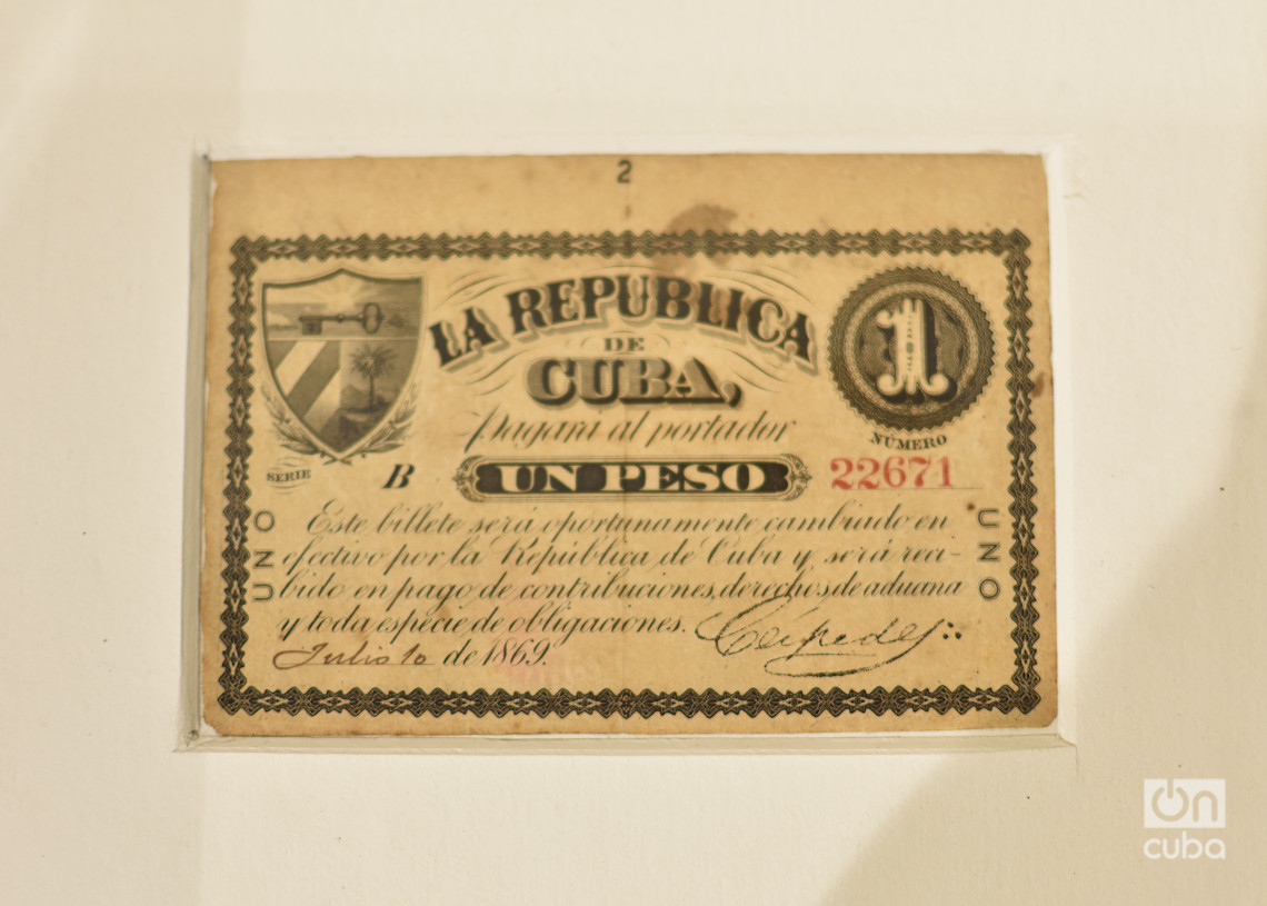 Billete por el valor de un peso de la República de Cuba en armas, 1869. Foto: Otmaro Rodríguez.