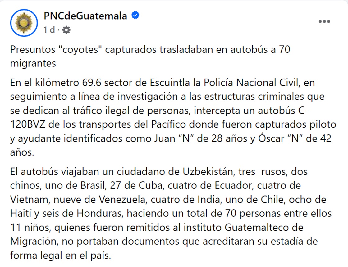 Captura de pantalla de la publicación en Facebook de la Policía Nacional Civil de Guatemala.