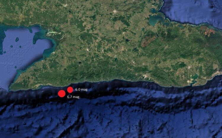 Mapa del segundo sismo reportado este domingo en el Oriente de Cuba, de 6.8 grados.