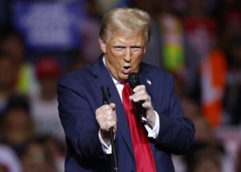 Donald Trump en un mitin de Milwaukee. Foto: EFE/EPA/JEFFREY PHELPS.