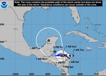 Cono de la posible trayectoria de la depresión tropical 19. Gráfico: Centro Nacional de Huracanes de Estados Unidos.