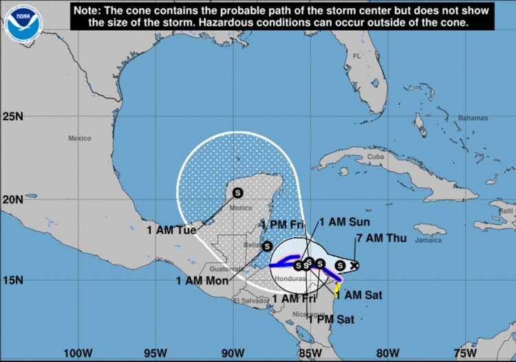 Cono de la posible trayectoria de la depresión tropical 19. Gráfico: Centro Nacional de Huracanes de Estados Unidos.