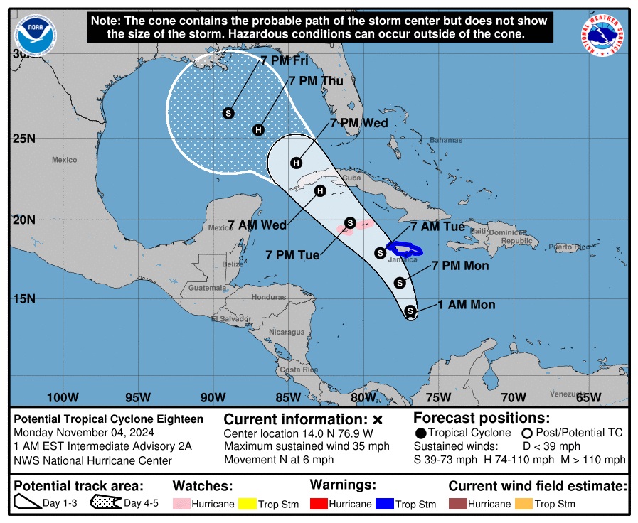 Cono de la probable trayectoria del posible ciclón Rafael. Gráfico: Centro Nacional de Huracanes de Estados Unidos.