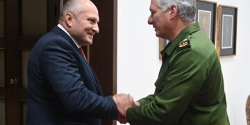 El presidente cubano Miguel Díaz-Canel recibe al eniente general Alexander Kurenkov, ministro ruso para la Protección Civil, Emergencias y Eliminación de Consecuencias de Desastres Naturales de Rusia. Foto: Presidencia Cuba / X.