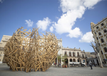 Fotografía de la obra "Nube de madera" del artista alemán Martin Steinert. Foto: Yander Zamora/EFE.