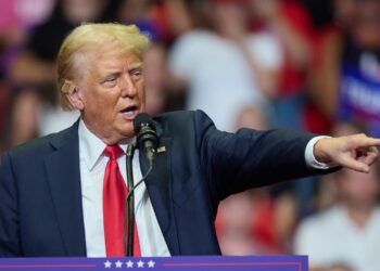 Trump hablando en un mitin en el Van Andel Arena, en Michigan. Foto:  Allison Dinner/EFE.