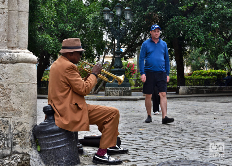 Músico callejero en la Plaza de Armas, en el centro histórico de La Habana, en los primeros días de 2025. Foto: Otmaro Rodríguez.