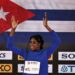 Leyanis Pérez en el podio de premiaciones del Mundial de atletismo de pista cubierta en Nanjing, China. Foto: Andrés Martínez Casares/EFE/EPA.