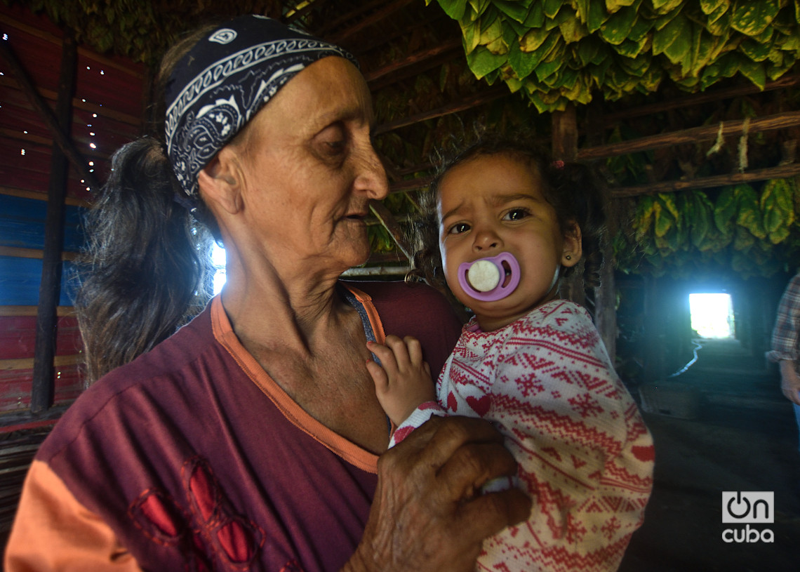 Una trabajadora con su nieta en una casa de tabaco. Foto: Otmaro Rodríguez.