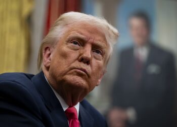 Donald Trump, en la Oficina Oval de la Casa Blanca, donde firmó órdenes ejecutivas para pausar los aranceles al comercio del T-MEC con Canadá y México hasta el 02 de abril de 2025. Foto: EFE/EPA/AL DRAGO / POOL.