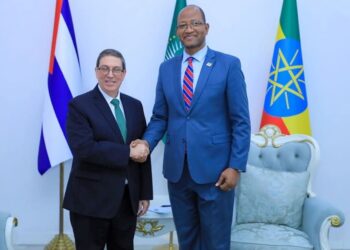 El canciller cubano Bruno Rodríguez (i) junto al Presidente de la Cámara de Representantes de Etiopía, Tagesse Chafo, durante la visita de Rodríguez a ese país como parte de una gira por África. Foto: @BrunoRguezP / X.